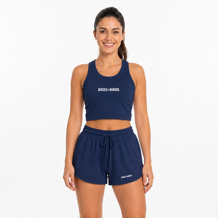 Conjunto fitness cropped e shorts azul escuro