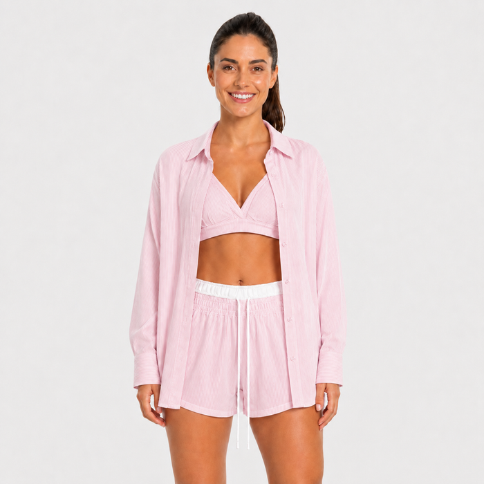 Conjunto fitness shorts, top e camisa pink