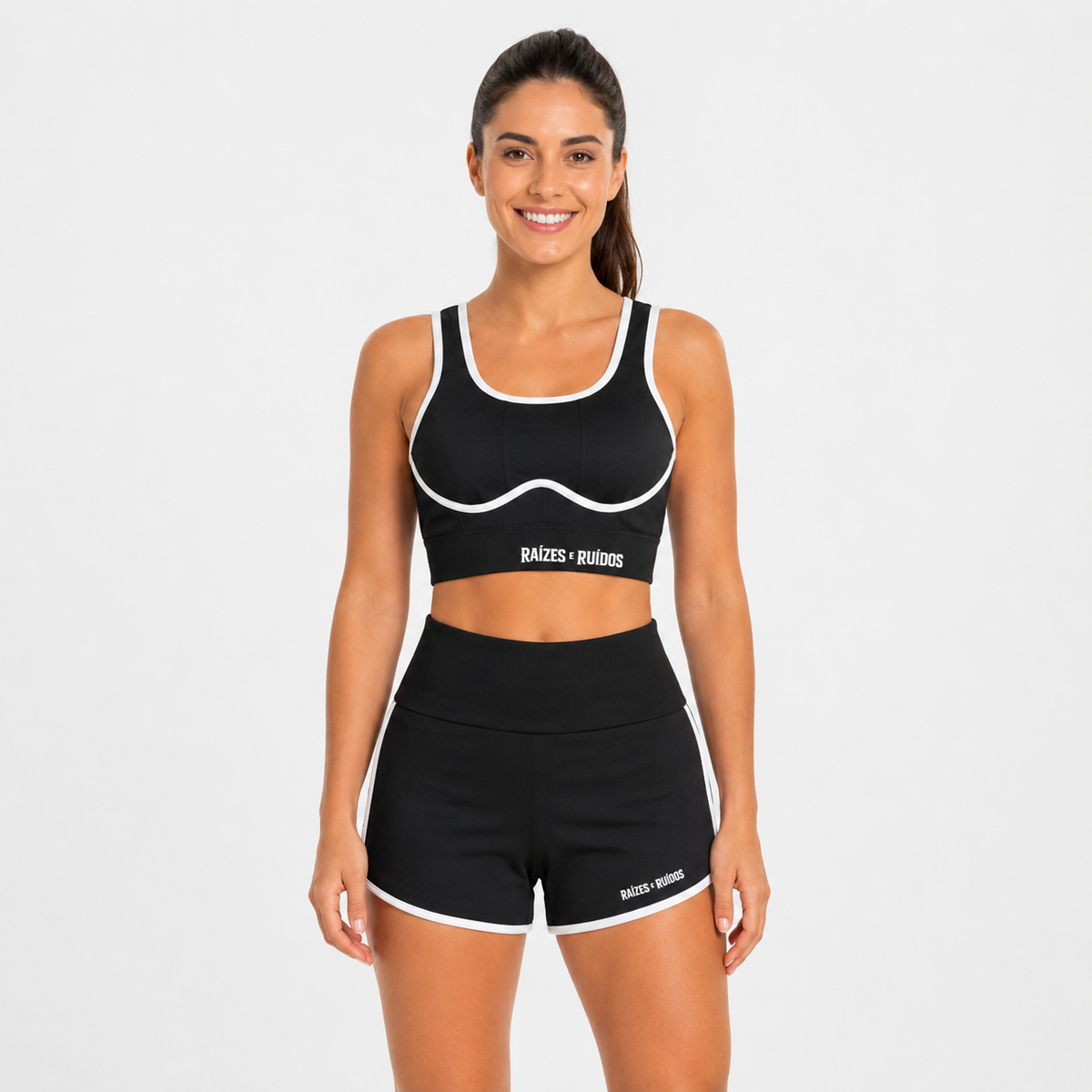 Conjunto Fitness Top e Shorts com Listras Feminino